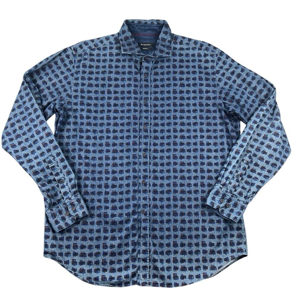 Bugatchi Classic Fit Blue Abstract Geometric Print Long Sleeve Shirt Men’s L